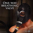 Master Series Dark Inhaler Gas Mask with Bottle featuring one-way breathing valve for sensory control in kink play.