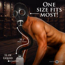 Master Series Dark Inhaler Gas Mask with Bottle on a model, highlighting sensory play features and one-size fit.