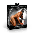 Master Series Dark Inhaler Gas Mask with Bottle displayed on packaging with model in kink play attire.