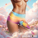 Creature Cocks Unicorn Silicone Strap-On Shorts with dimension indicators in rainbow colors against a dreamy background.