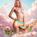 Model showcasing Creature Cocks Unicorn Silicone Strap-On Shorts in rainbow colors, surrounded by a dreamy floral background.