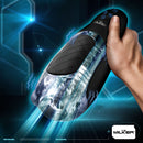 The Milker Pleasure Grip Sucking and Vibrating Masturbator in a hand with glowing effects, showcasing its innovative design.