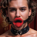 Master Series Vibrating Sissy Mouth Gag Red showcased on a model with a black collar and red silicone tongue gag.
