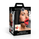Master Series Vibrating Sissy Mouth Gag Red packaging showcasing unique design for enhanced oral play.