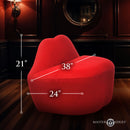 Master Series Lips Velvet Loveseat Red dimensions: 21" height, 38" width, 24" depth in an elegant setting.