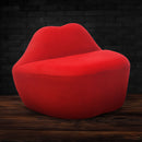 Master Series Lips Velvet Loveseat Red in bold red color, a unique chair shaped like lips, perfect for a stylish interior.