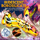 Creature Cocks Dragon Glass Dildo Metallic Yellow Pink showcasing iridescent borosilicate glass for temperature play.