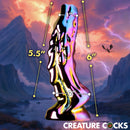 Creature Cocks Dragon Glass Dildo Metallic Yellow Pink with dimensions against a fantasy landscape.