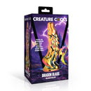 Creature Cocks Dragon Glass Dildo Metallic Yellow Pink packaging design with iridescent colors.