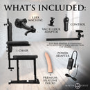 Master Series Enforcer Chair with Sex Machine includes chair, sex machine, control, adapters, and premium silicone dildo.