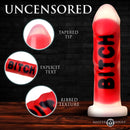 Master Series Bitch 7 Inch Ribbed Silicone Dildo featuring tapered tip, explicit text, and ribbed texture.