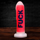 Master Series Fuck Ribbed Silicone Dildo Red featuring a bold FUCK label on a vibrant red silicone body.