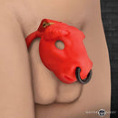Master Series Bull Chastity Cage Red featuring bull head design for secure and safe use.