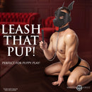 Master Series Alpha Dog Vegan Leather Pup Hood Black displayed in a playful puppy roleplay scene.