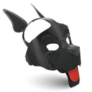 Master Series Alpha Dog Vegan Leather Pup Hood Black with big ears and protruding red tongue.