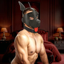 Master Series Alpha Dog Vegan Leather Pup Hood Black worn by a muscular man, showcasing bold canine design and details.
