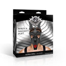 Master Series Alpha Dog Vegan Leather Pup Hood Black packaging with a model wearing it, featuring bold canine design.