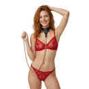 Model wearing the Master Series Captivate Collar with Body Chain Black paired with red lace lingerie.