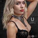 Master Series Captivate Collar with Body Chain Black displayed on model, showcasing its stylish design and adjustable features.