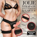 Jolie Strap-On Panty Harness and Garter Medium Black showing wide elastic strap and built-in O-ring for secure support.