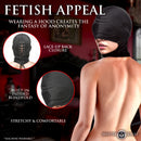 Master Series Cocksucker Blindfold Hood Black featuring a padded blindfold and lace-up back closure for sensory play.