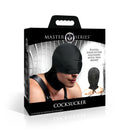 Master Series Cocksucker Blindfold Hood Black packaging showcasing fetish play features.