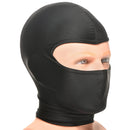 Master Series Drone Bondage Hood Black displayed on a mannequin, showcasing ski-mask style for anonymity and submission.