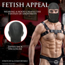 Master Series Drone Bondage Hood Black on a model showcasing fetish appeal and anonymity.