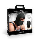 Master Series Drone Bondage Hood Black packaging showcasing ski-mask style for anonymity and submission.