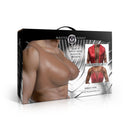 Packaging for Perky Pair D-Cup Silicone Breasts Dark featuring realistic breasts and wear options for outfits.