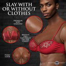 Perky Pair G-Cup Silicone Breasts Dark showcased with a red bra, emphasizing premium soft silicone and a perky look.