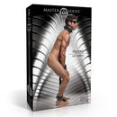 Image of Master Series Steel Pillory CBT Tower Black packaging featuring a submissive model.