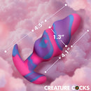 Creature Cocks Unicorn Swirl Silicone Butt Plug Medium in vibrant purple, pink, and blue with size measurements.