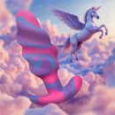 Creature Cocks Unicorn Swirl Silicone Butt Plug Medium in playful purple, pink, and blue against a whimsical cloud background.