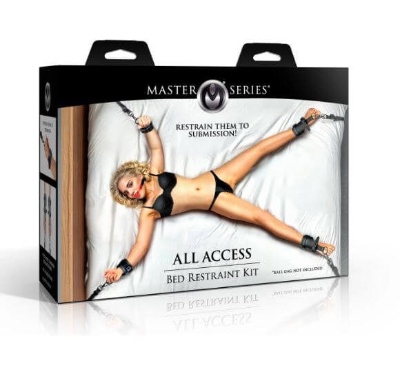 Master Series All Access Bed Restraint Kit Black packaging with model demonstrating usage of restraint.