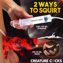 Hell Hound Squirting Silicone Penis Enhancer Red with syringe and bulb for adventurous roleplay.