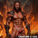Hell Hound Squirting Silicone Penis Enhancer Red showcased by a muscular fantasy character in a fiery background.