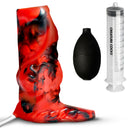 Hell Hound Squirting Silicone Penis Enhancer Red with accessory syringe and bulb for roleplay adventures.