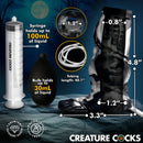 Night Prowler Squirting Silicone Penis Enhancer Silver features a syringe and bulb, showcasing sizes and functionality.