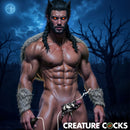 Night Prowler Squirting Silicone Penis Enhancer Silver on a muscular figure in a fantasy-themed background.