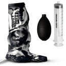 Night Prowler Squirting Silicone Penis Enhancer Silver with accessories including bulb and syringe.