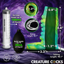 Tentacle Squirting Silicone Penis Enhancer Green with syringe and bulb dimensions and features displayed.