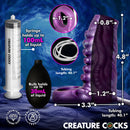 Tentacle Squirting Silicone Penis Enhancer Purple with syringe and tubing dimensions displayed in vibrant colors.