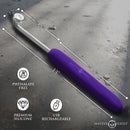Master Series Elektra Rechargeable Violet Wand Purple with measurements and features on a dark background.