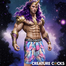Creature Wear Mystique Unicorn Boxer Shorts Small worn by a muscular model with a colorful cosmic background.