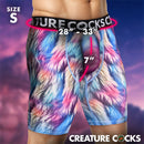 Creature Wear Mystique Unicorn Boxer Shorts Small featuring a colorful fur-pattern and a unique unicorn horn design.