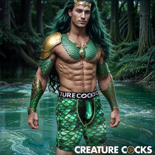 A model wearing Creature Cocks Underwear Cockness Monster Large, featuring green scales and muscular build in a forest setting.