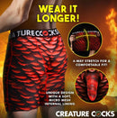 Creature Cocks Underwear Horny Devil Medium design showcasing crimson red scales and 4-way stretch for comfort.