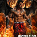 Creature Cocks Underwear Horny Devil Large showcasing a muscular model in fiery design with wings and chains.