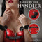 Master Series the Handler Furry Handcuffs with Handle displayed with adjustable features and grip handle in a sensual setting.